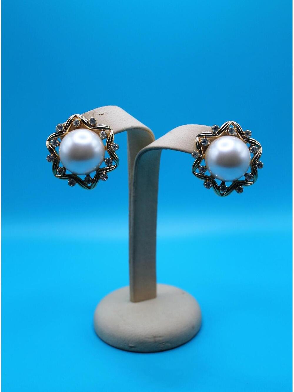 Vintage Signed Joan Rivers Faux Pearl & Rhinestone Clip On Earrings